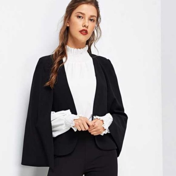 032  Black blazer cape open sleeve jacket work office - Picture 2 of 6